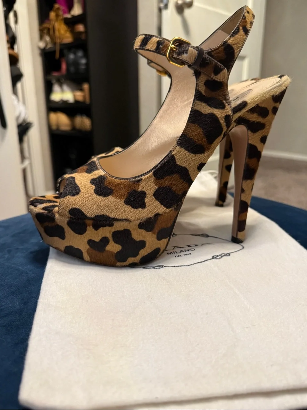 Prada Leopard Print Platform Slingback Heels - Tan & Black